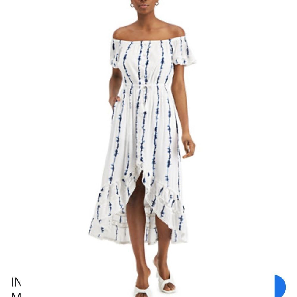 INC. INTERNATIONAL CONCEPTS White and Navy Striped Tie-Waist Midi Dress